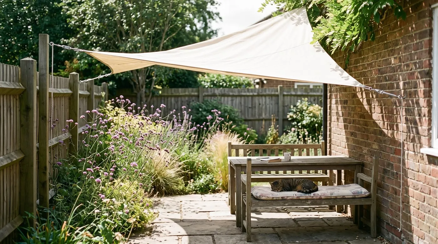 Sail shade over a patio seating area in a sunny garden with a cat asleep on the bench