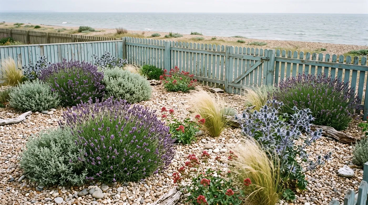 South-facing seaside gravel garden with lavender, sea holly and grasses