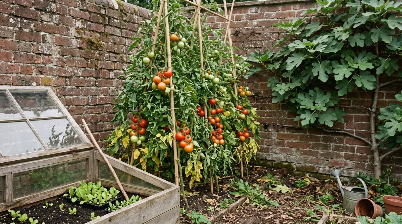 Tomatoes ripening against a south-facing brick wall with a cold frame and wall-trained fig