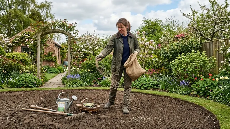 UK gardener broadcasting grass seed by hand across a freshly raked patch of bare soil for a new lawn with garden tools nearby