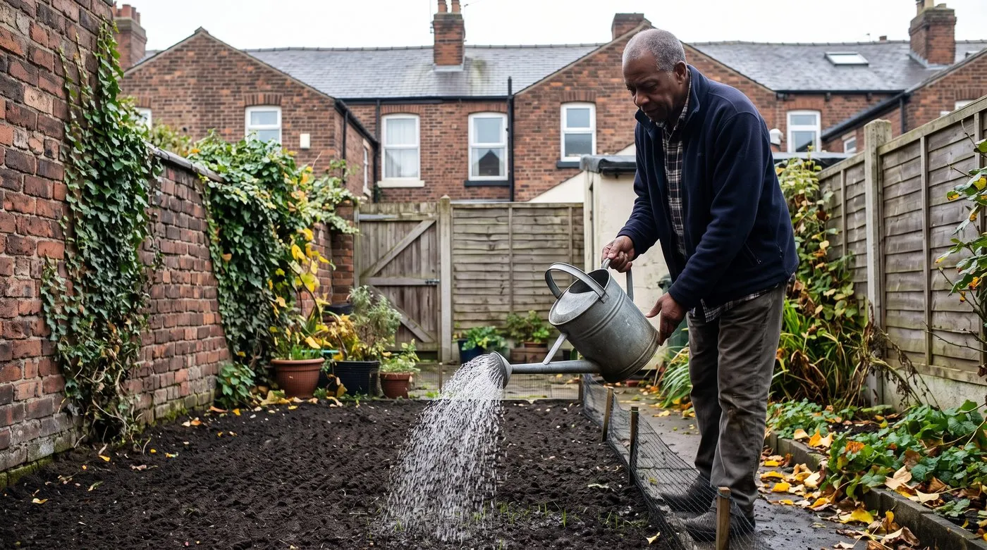 Man watering newly sown grass seed with a fine rose on a watering can in a small terrace garden