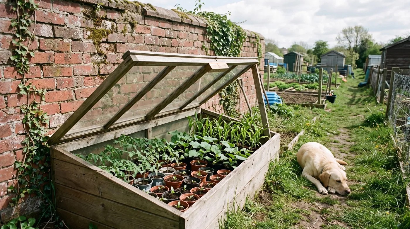 Open cold frame full of young courgette, tomato and sweetcorn plants with a Labrador lying beside it