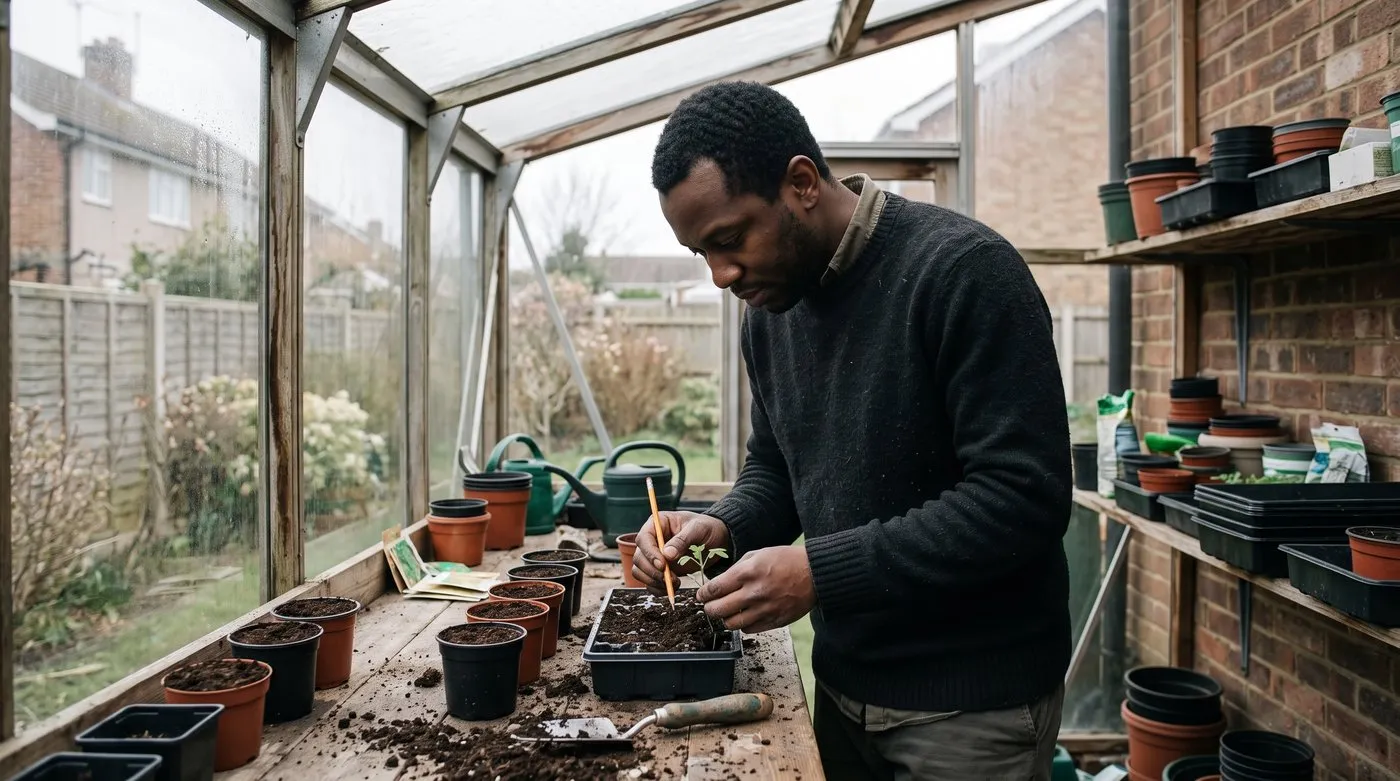 Gardener holding a tomato seedling by its leaf while easing it from a seed tray with a pencil