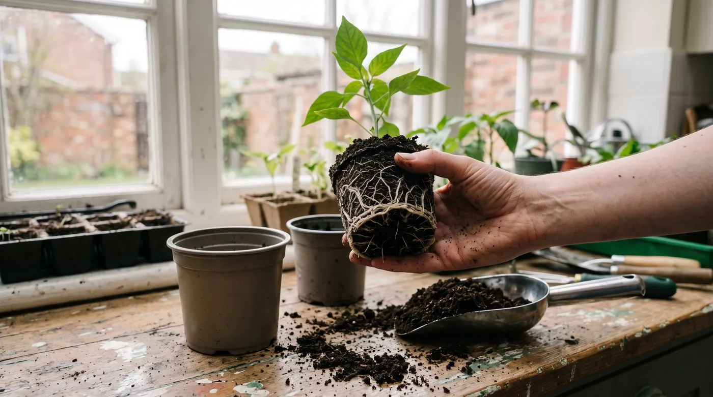 Young pepper plant slid from its pot showing white roots round the root ball, ready to pot on