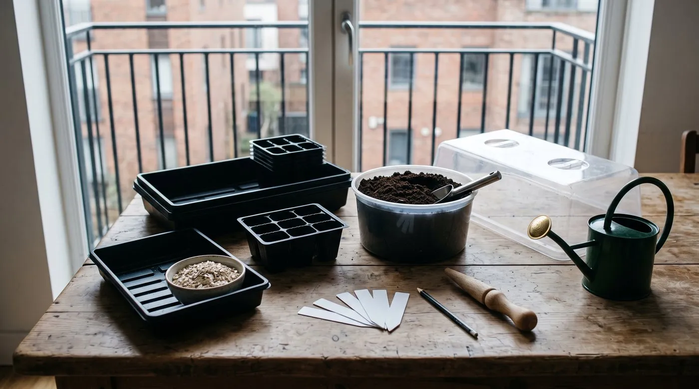 Seed trays, module trays, compost, vermiculite, blank labels, a dibber and a small watering can on a table