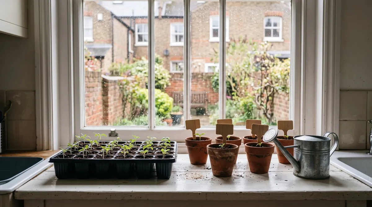 Module tray and small pots of young seedlings on a bright kitchen windowsill with a watering can
