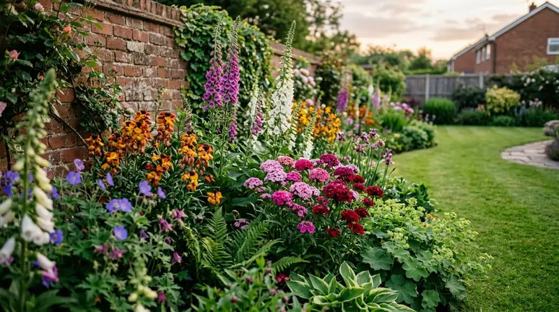 A suburban UK back garden border in late spring full of tall foxgloves, sweet William and wallflowers in bloom