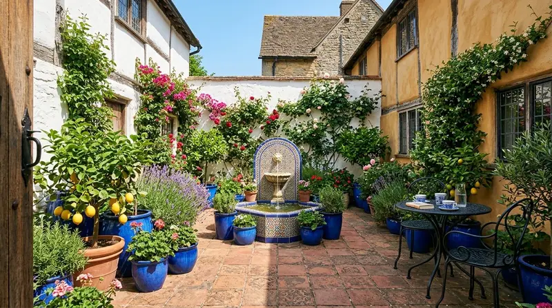 A Spanish-style courtyard garden in the UK with whitewashed walls, terracotta pots, blue tiles and a small central fountain