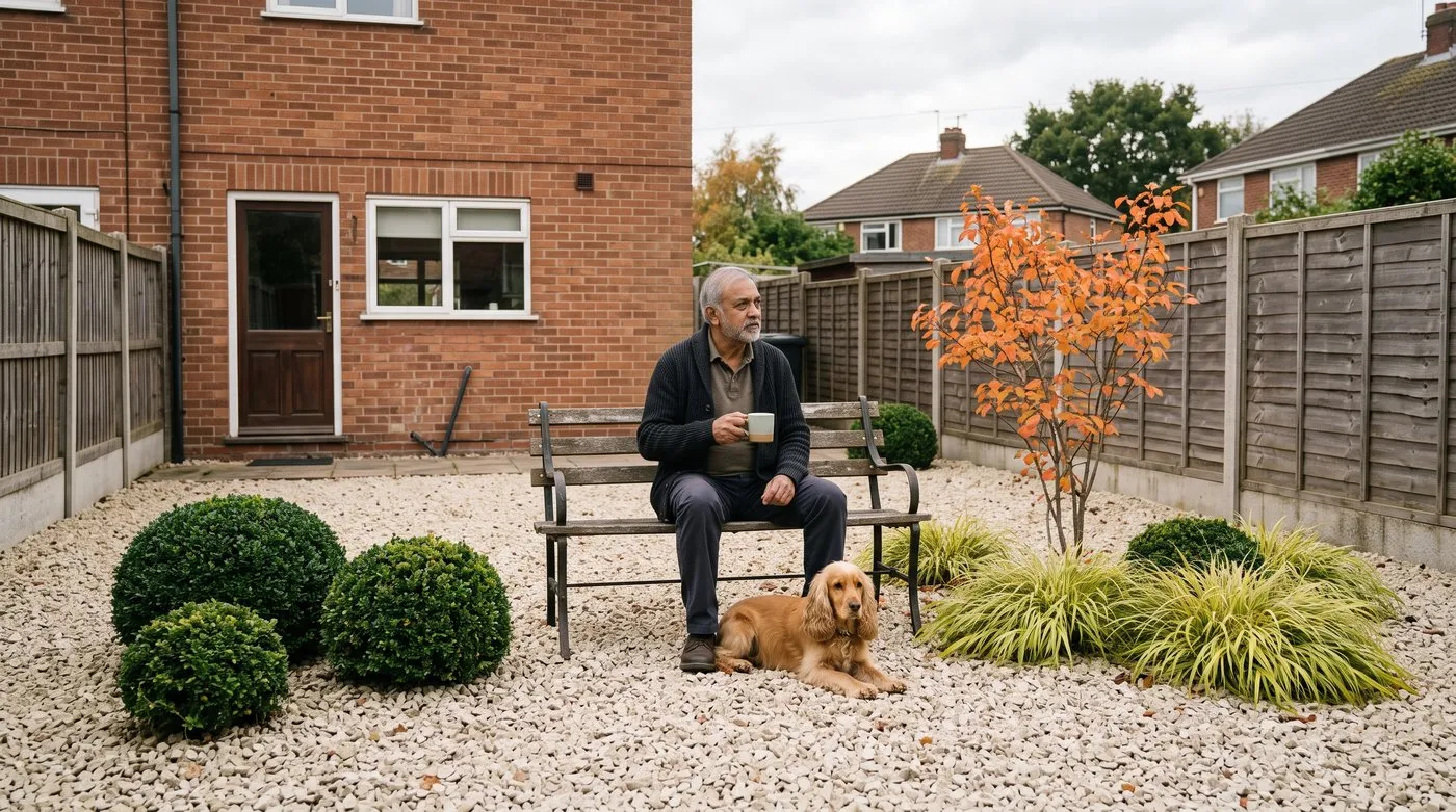 Man with a mug of tea and a spaniel at his feet in a sparse gravel garden with clipped domes and one tree