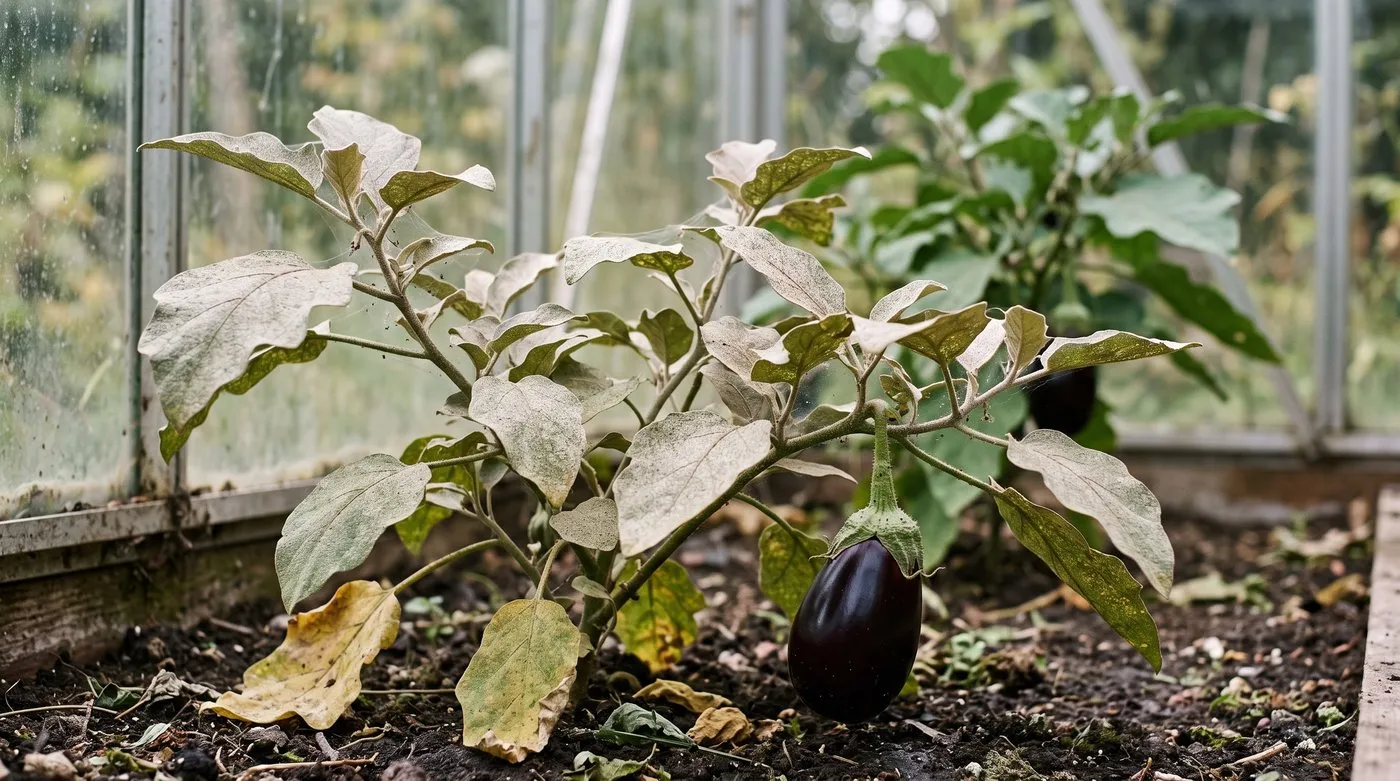 Aubergine plant with dull, bronzed and speckled leaves from a spider mite attack