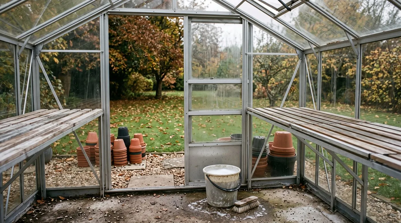 Empty greenhouse with staging scrubbed and door open during an autumn clean against spider mites