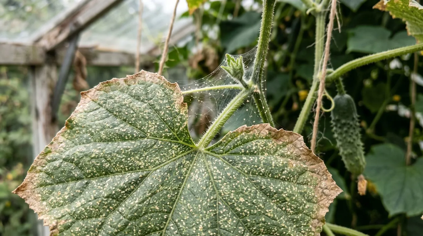 Greenhouse cucumber leaf with pale speckling and fine webbing from spider mite damage