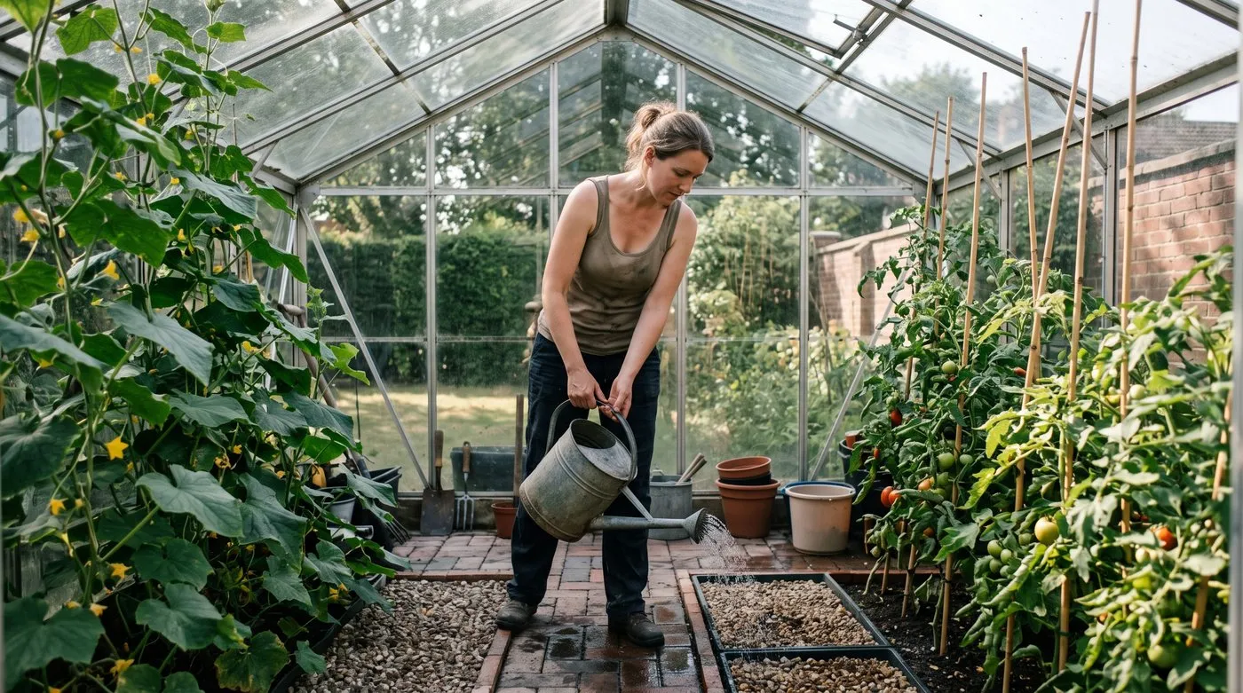 Woman damping down a greenhouse floor with a watering can on a hot morning