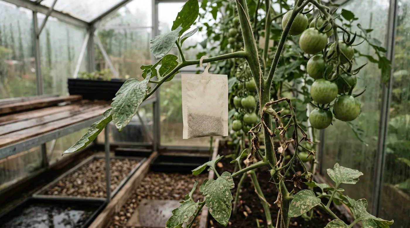 Sachet of predatory mites hung on a greenhouse tomato plant to control spider mites