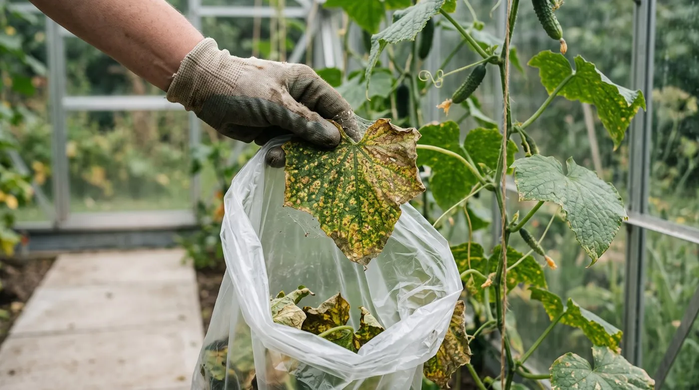 Badly damaged cucumber leaves with spider mites going straight into a bag in a greenhouse