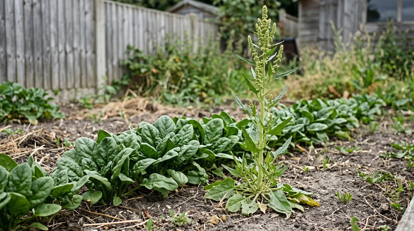 Bolted spinach plant with a tall flower stalk beside compact leafy spinach plants