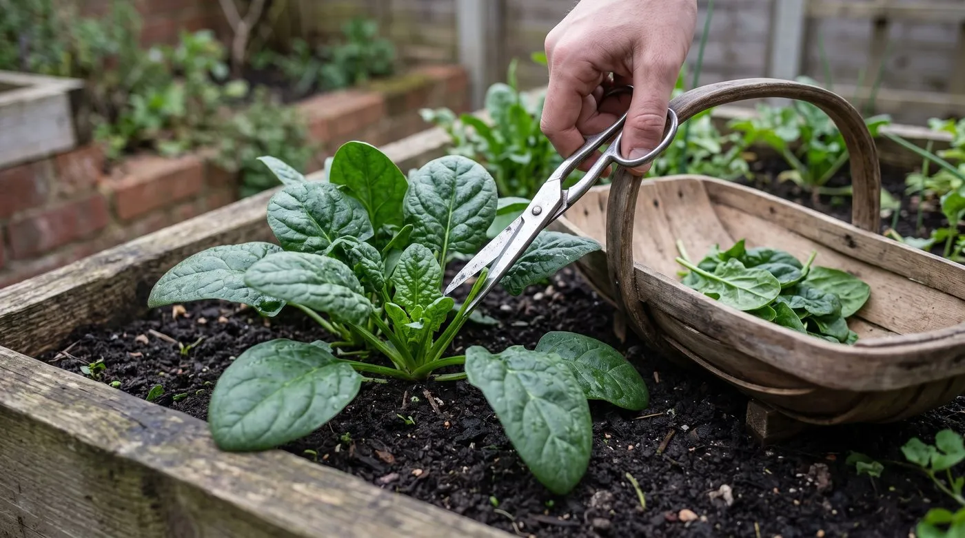Scissors cutting the outer leaves of a spinach plant, leaving the centre to regrow