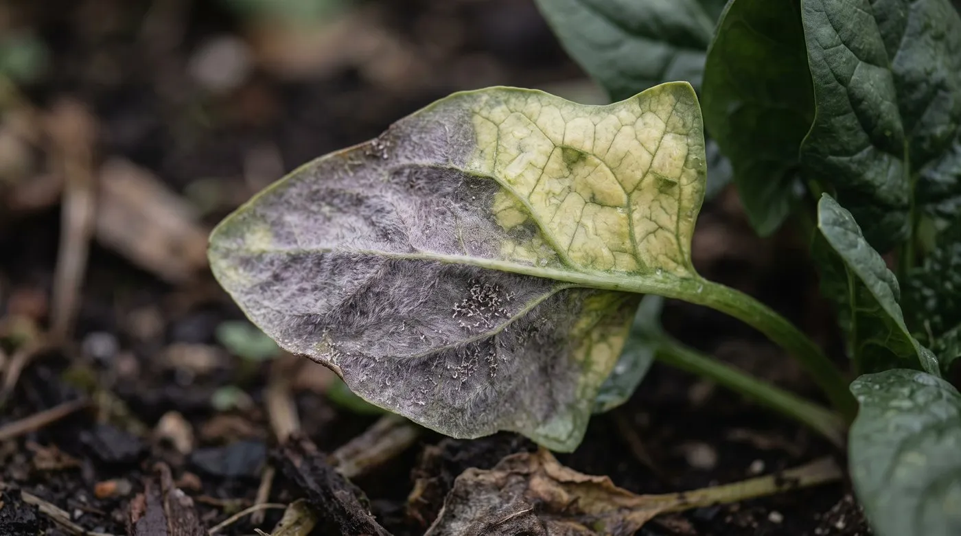 Spinach leaf with yellow patches on top and grey-purple downy mildew fuzz underneath