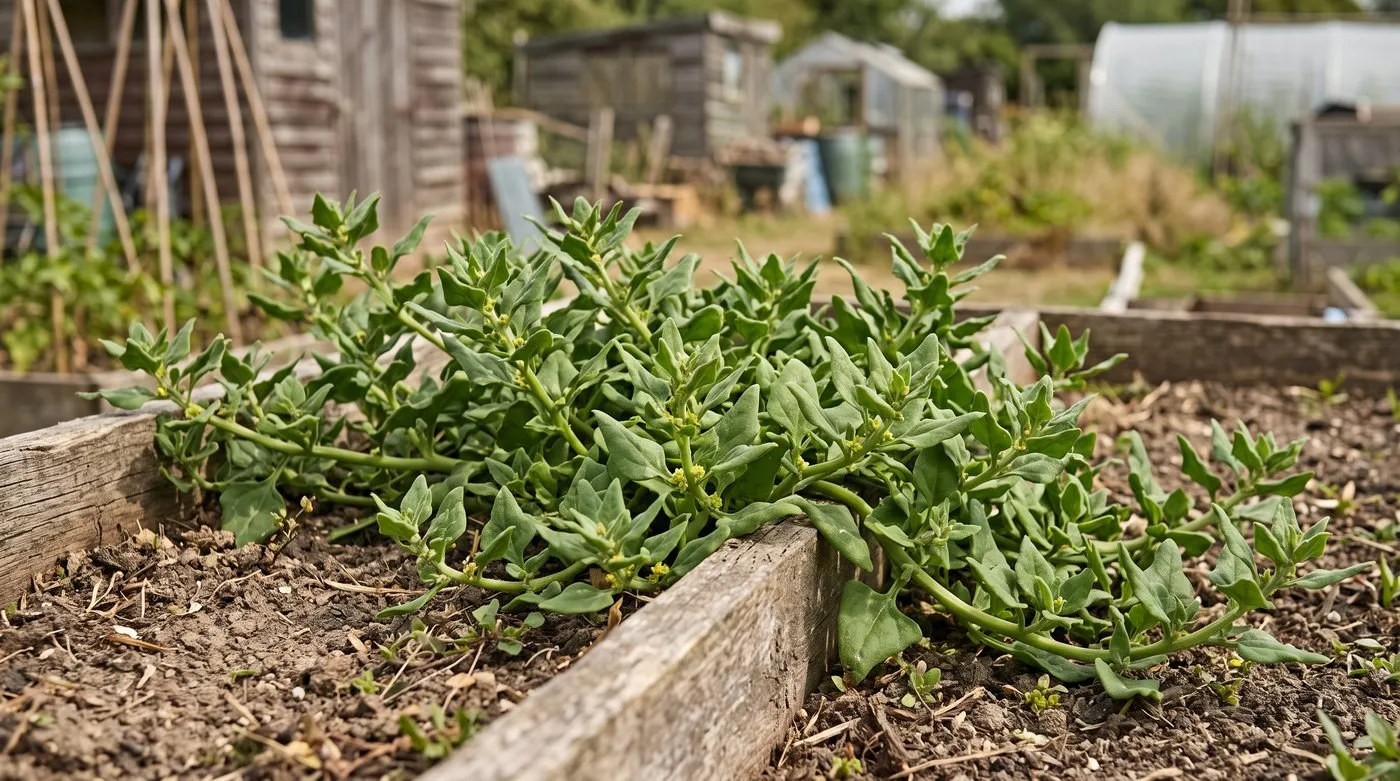 New Zealand spinach with thick triangular leaves spreading across a sunny raised bed