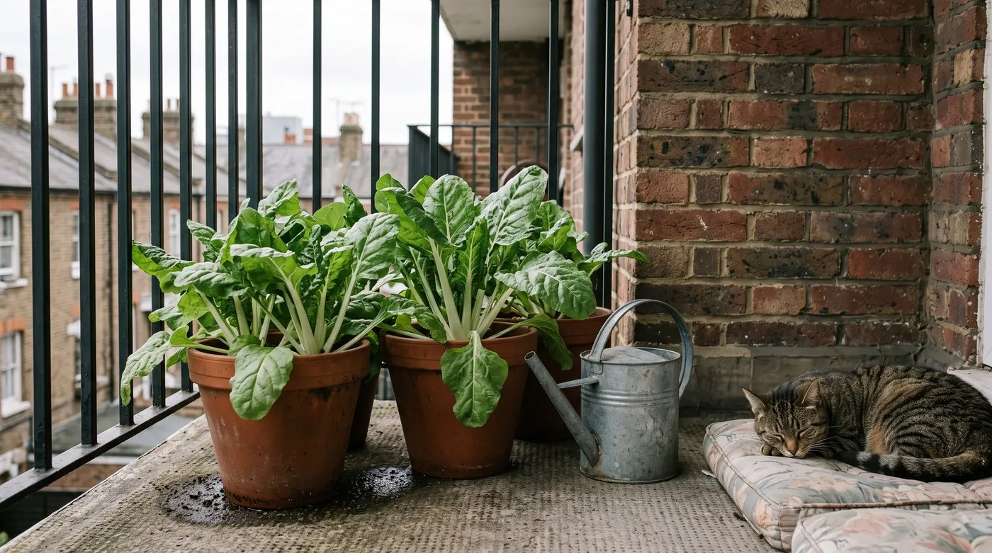 Pots of perpetual spinach on a shaded city balcony with a tabby cat resting nearby