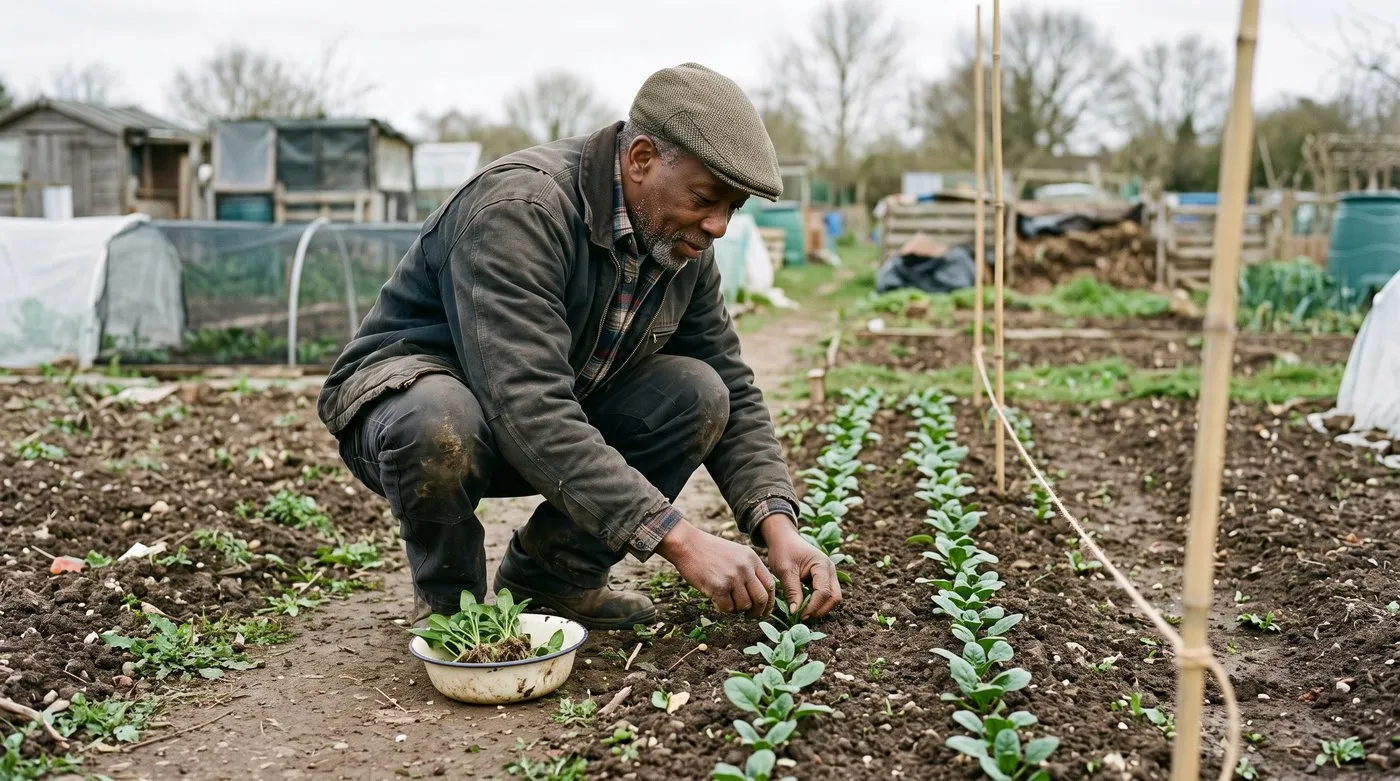 Allotment gardener thinning a row of young spinach seedlings to 15cm apart