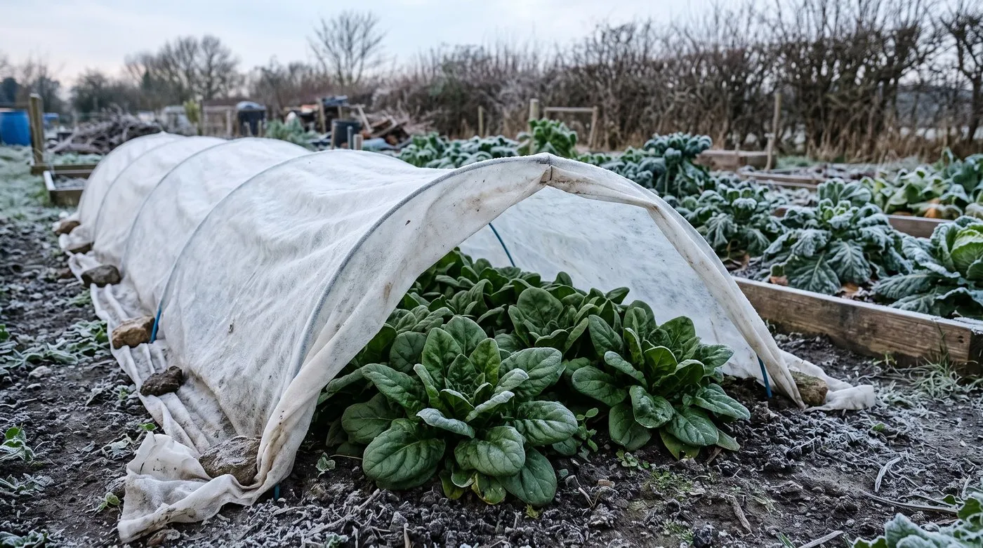 Fleece tunnel lifted to show winter spinach plants on a frosty allotment