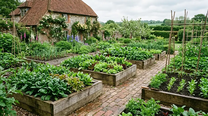 Raised beds of spinach grown year round in a UK kitchen garden using succession sowing and mixed cultivars