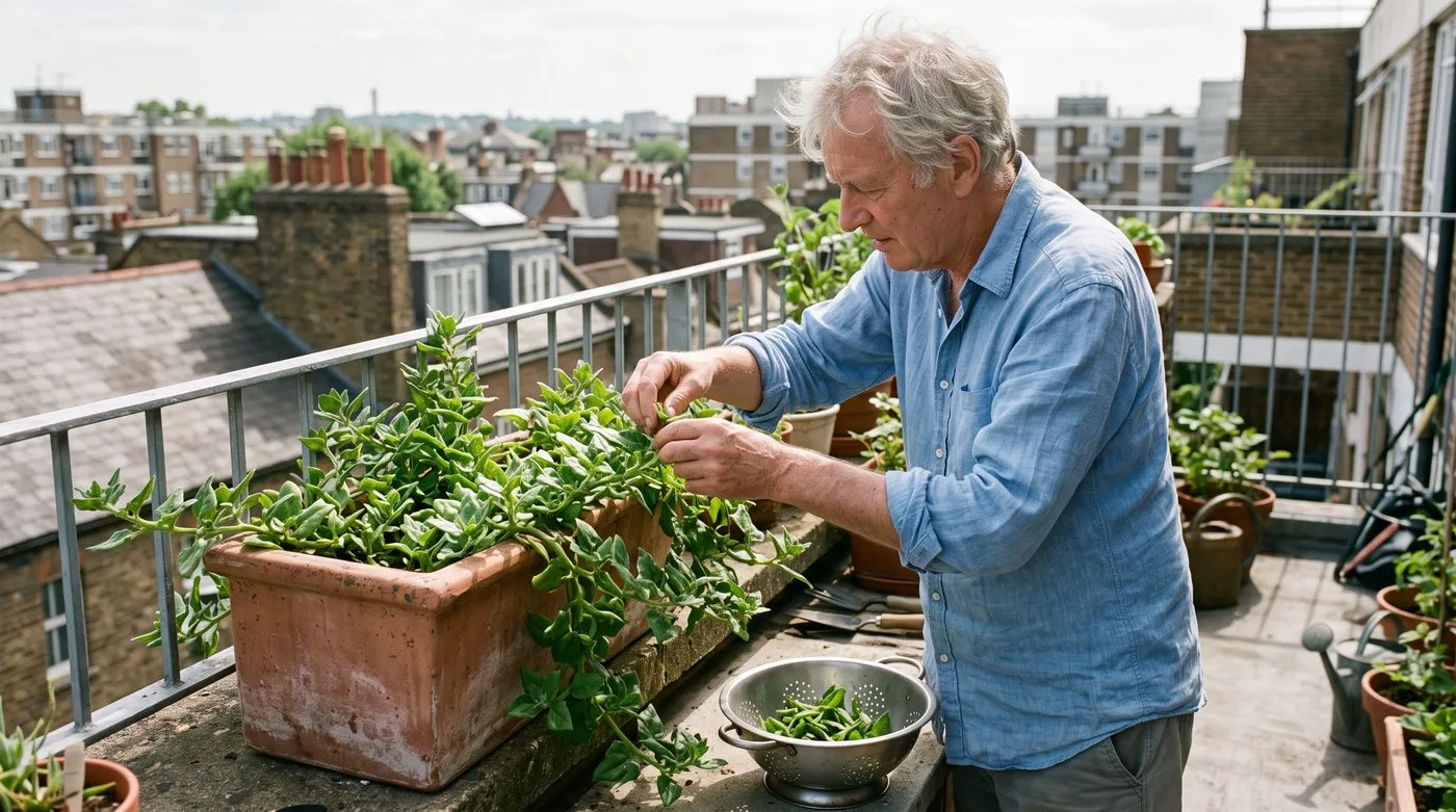 Older man picking shoot tips from New Zealand spinach in a large trough on a sunny balcony