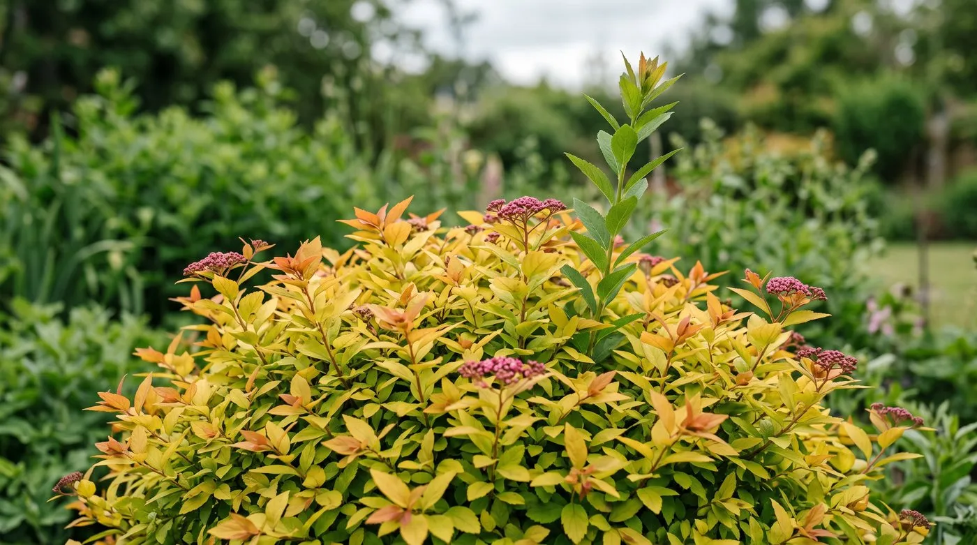 Golden spirea Goldflame with one plain green reverted shoot growing out of the mound