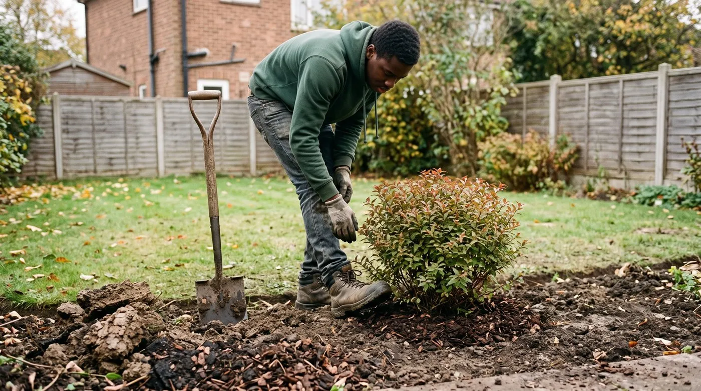 Gardener firming the soil around a newly planted spirea shrub in a suburban border
