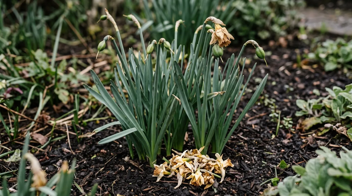 Daffodils deadheaded just below the seed pod with the green stems and leaves left standing