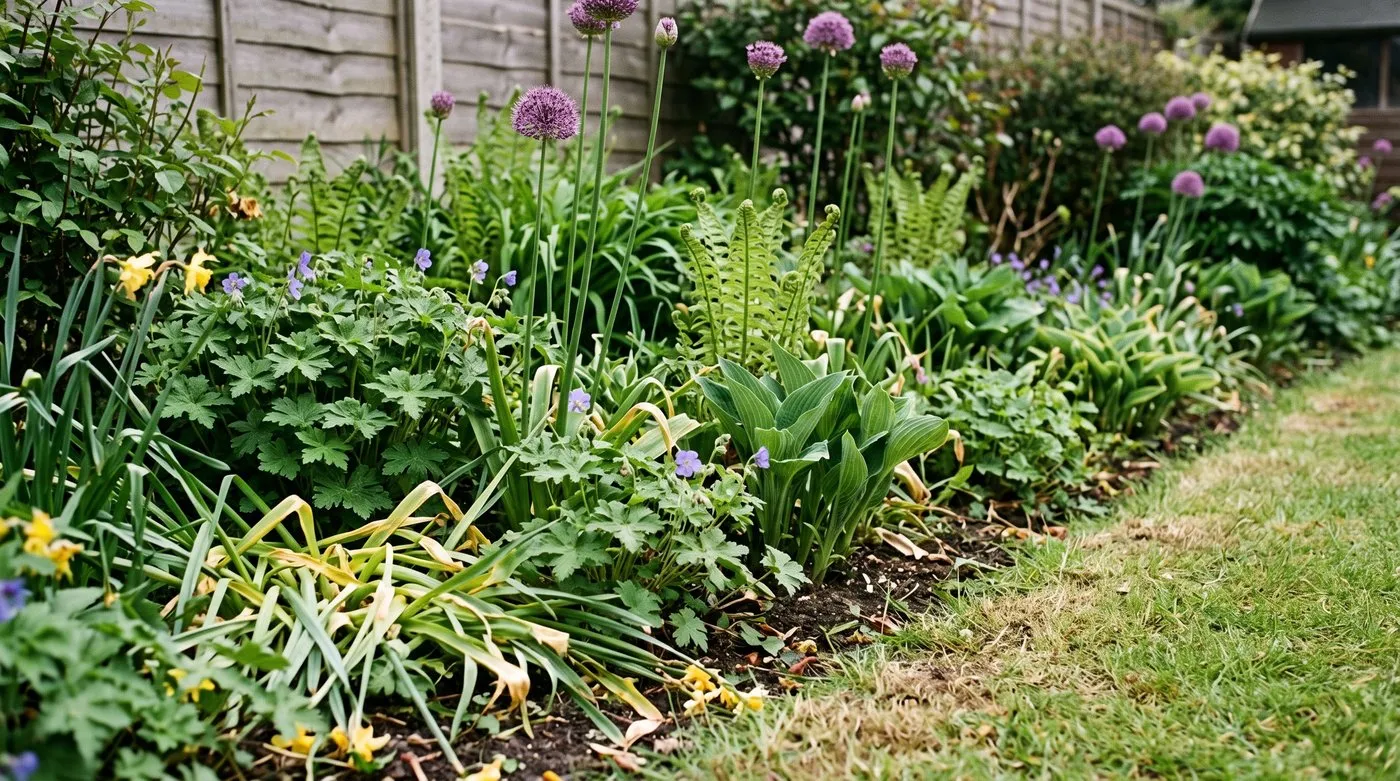 Fading daffodil leaves hidden by hardy geraniums, hostas, ferns and alliums in a May border