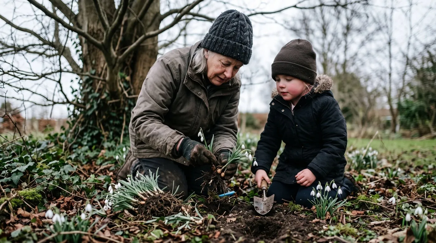 Grandmother and granddaughter splitting a clump of snowdrops in the green to replant