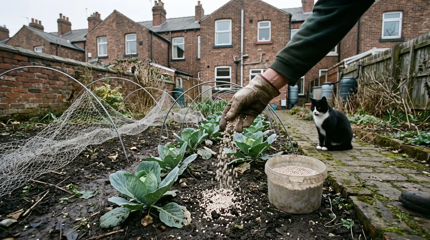 Gloved hand scattering fertiliser granules between small spring cabbage plants in late February