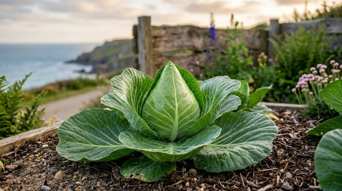 A firm pointed spring cabbage heart ready to cut in a coastal garden in May