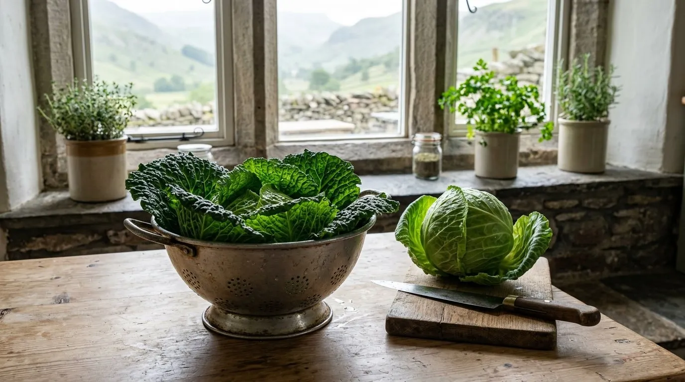 Freshly cut spring cabbage and washed spring greens in a farmhouse kitchen
