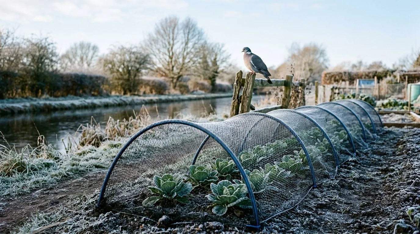 Overwintering spring cabbage plants under netting on a frosty canal-side allotment