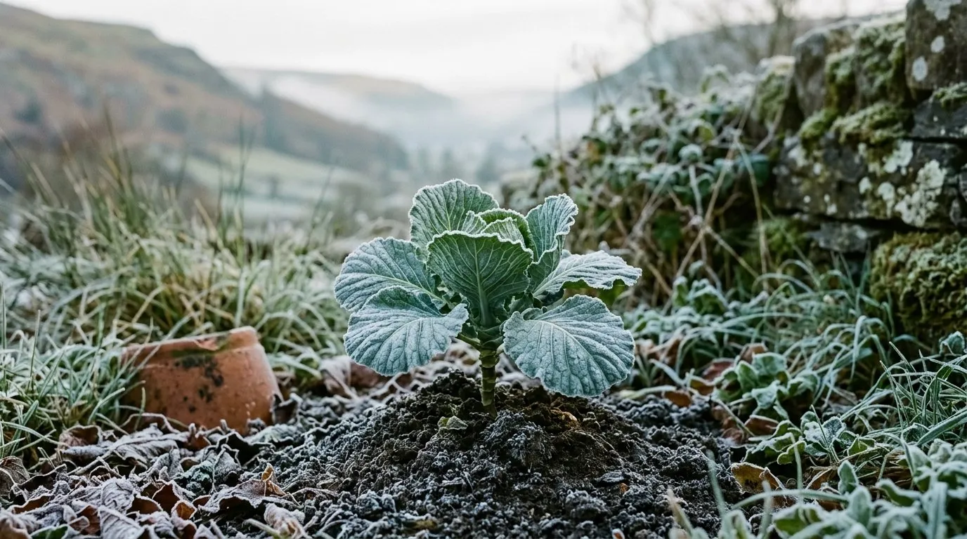 A small overwintered spring cabbage plant coated in frost in a hillside garden