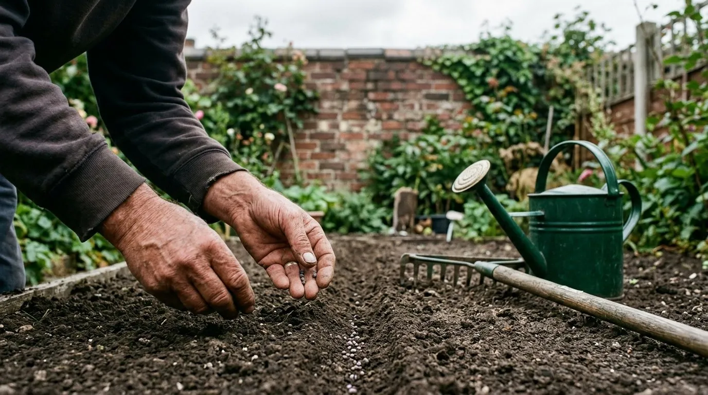 Sowing spring cabbage seed into a shallow drill in a July seedbed