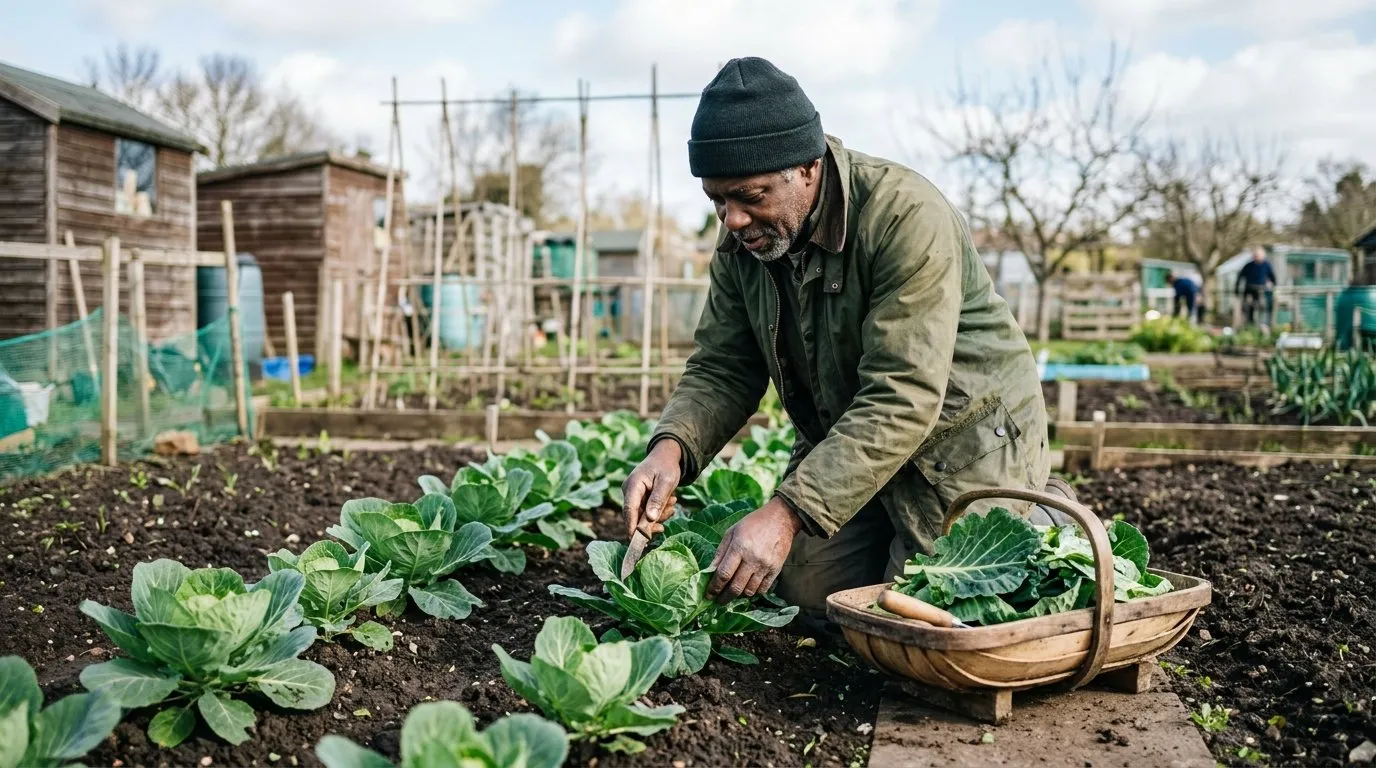 Cutting loose spring greens from a row of spring cabbage on a city allotment in March