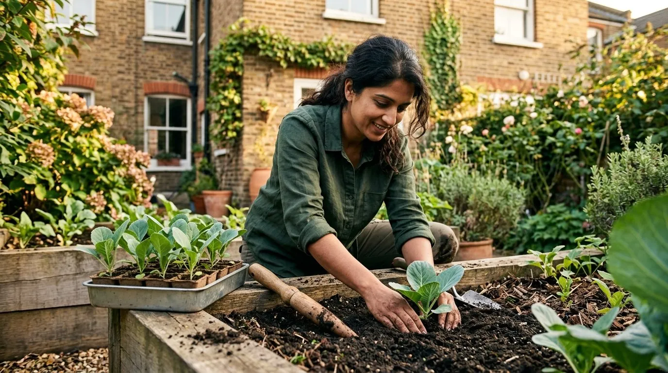 Firming a spring cabbage transplant into a raised bed in September