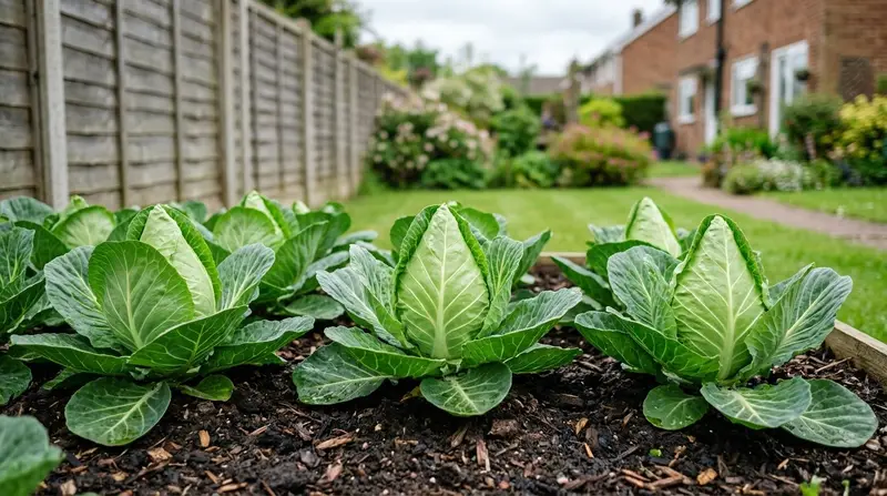 Spring cabbage plants forming pointed hearts in a UK suburban vegetable bed