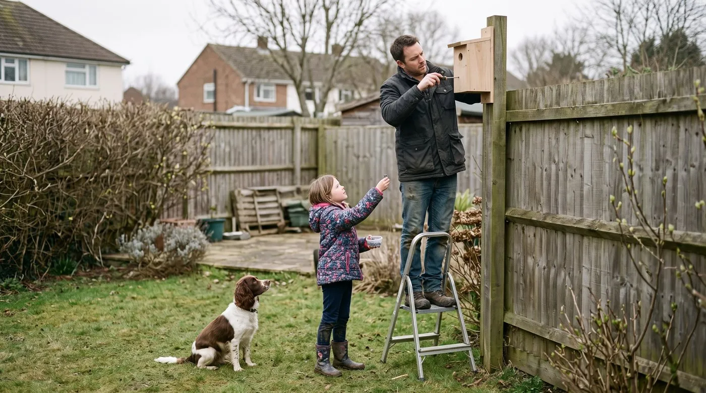 Father and daughter fixing a wooden bird box high on a fence post in early spring