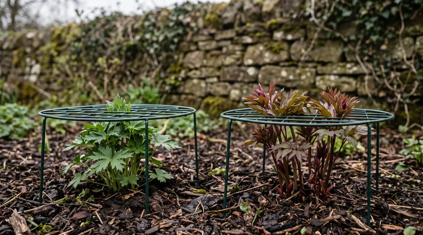 Grow-through supports set over young delphinium and peony shoots in an April border