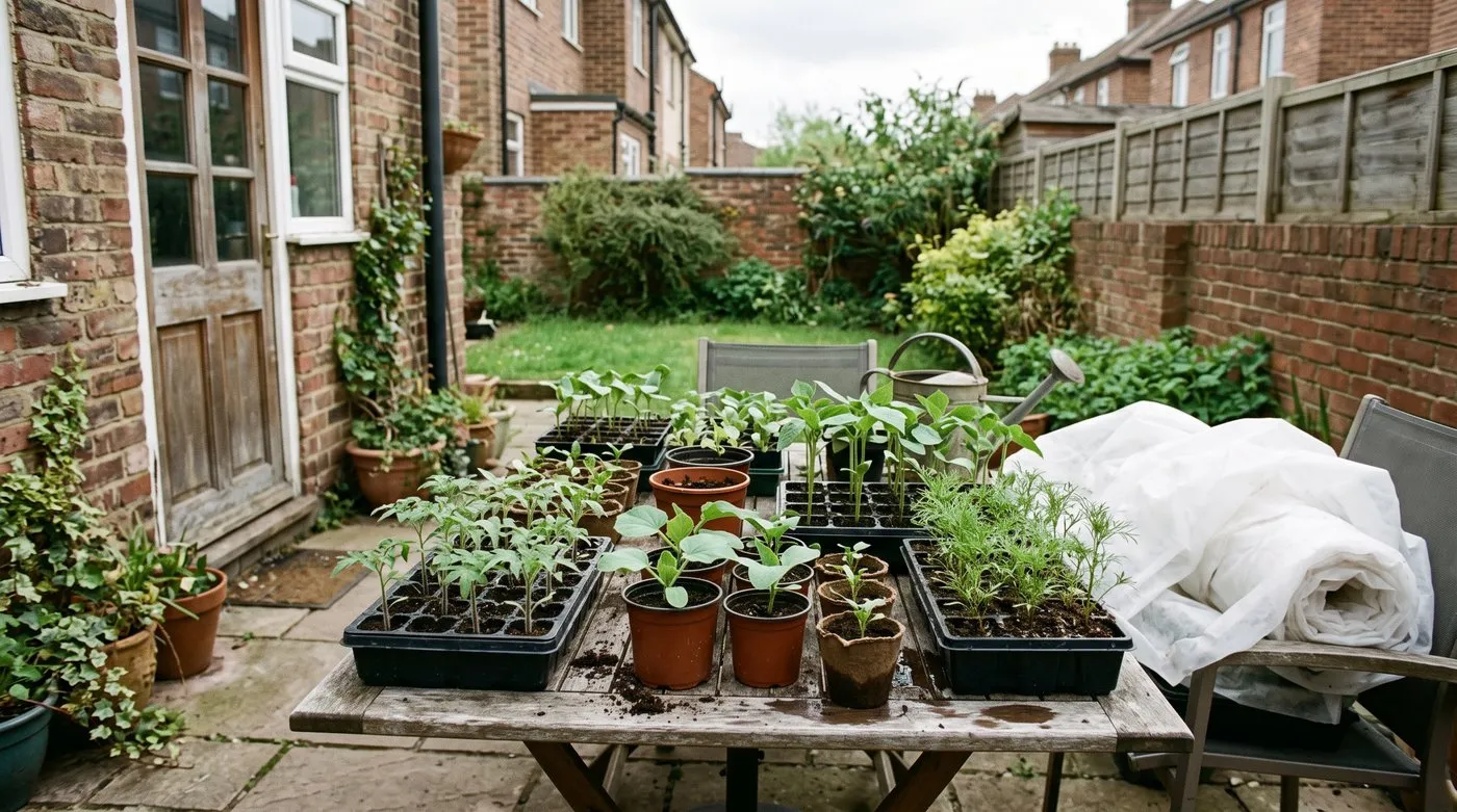 Young vegetable and flower plants hardening off on a patio table by the back door in May