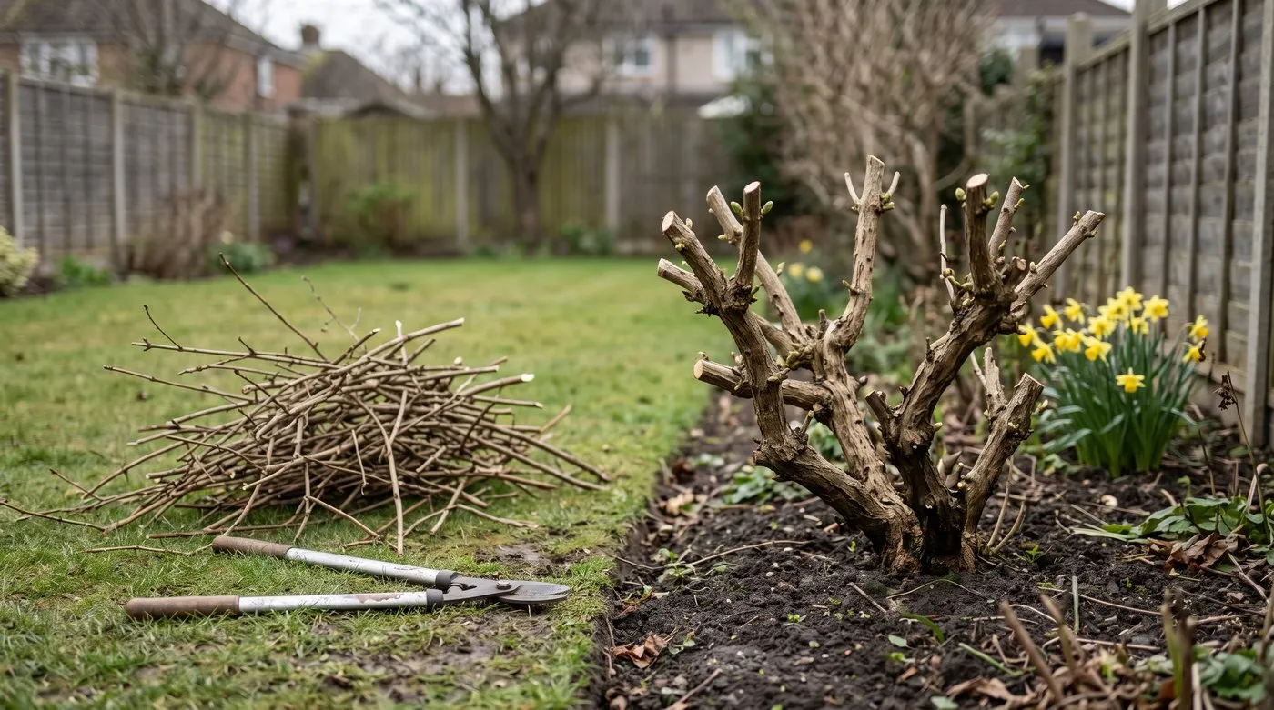 Buddleia pruned hard back to a low woody framework in March with prunings on the lawn