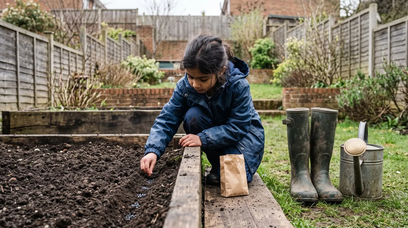 Child sowing spring onion seeds in small clusters along a shallow drill in a raised bed