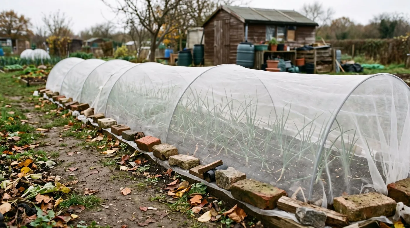 Fine insect mesh over hoops covering a row of young spring onions on an allotment
