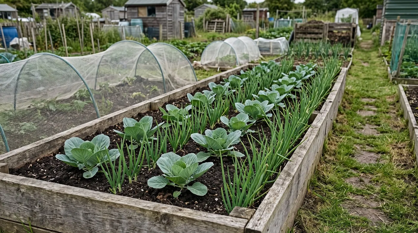 Clusters of spring onions growing in the gaps between young cabbages in an allotment bed