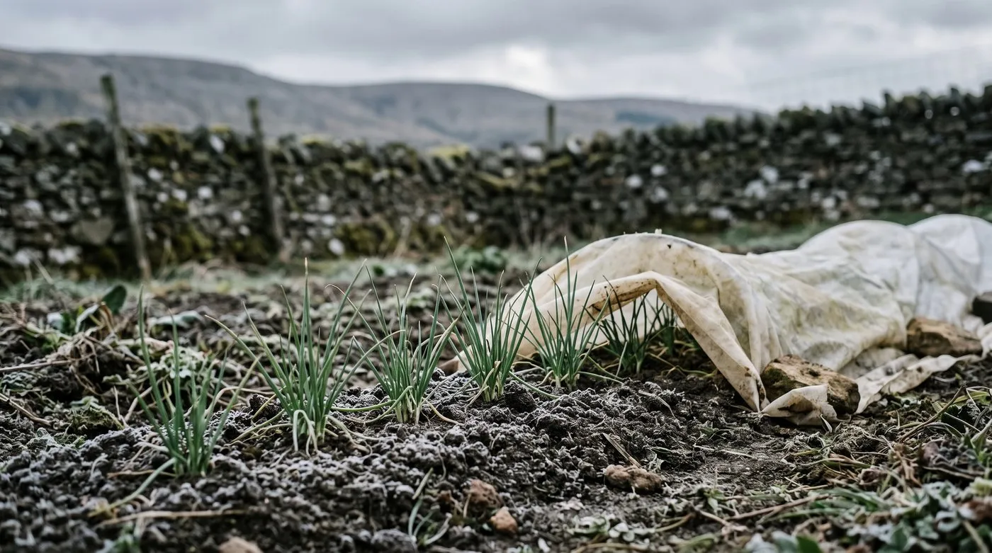 Overwintered spring onion seedlings in a frosty allotment row with fleece pulled back